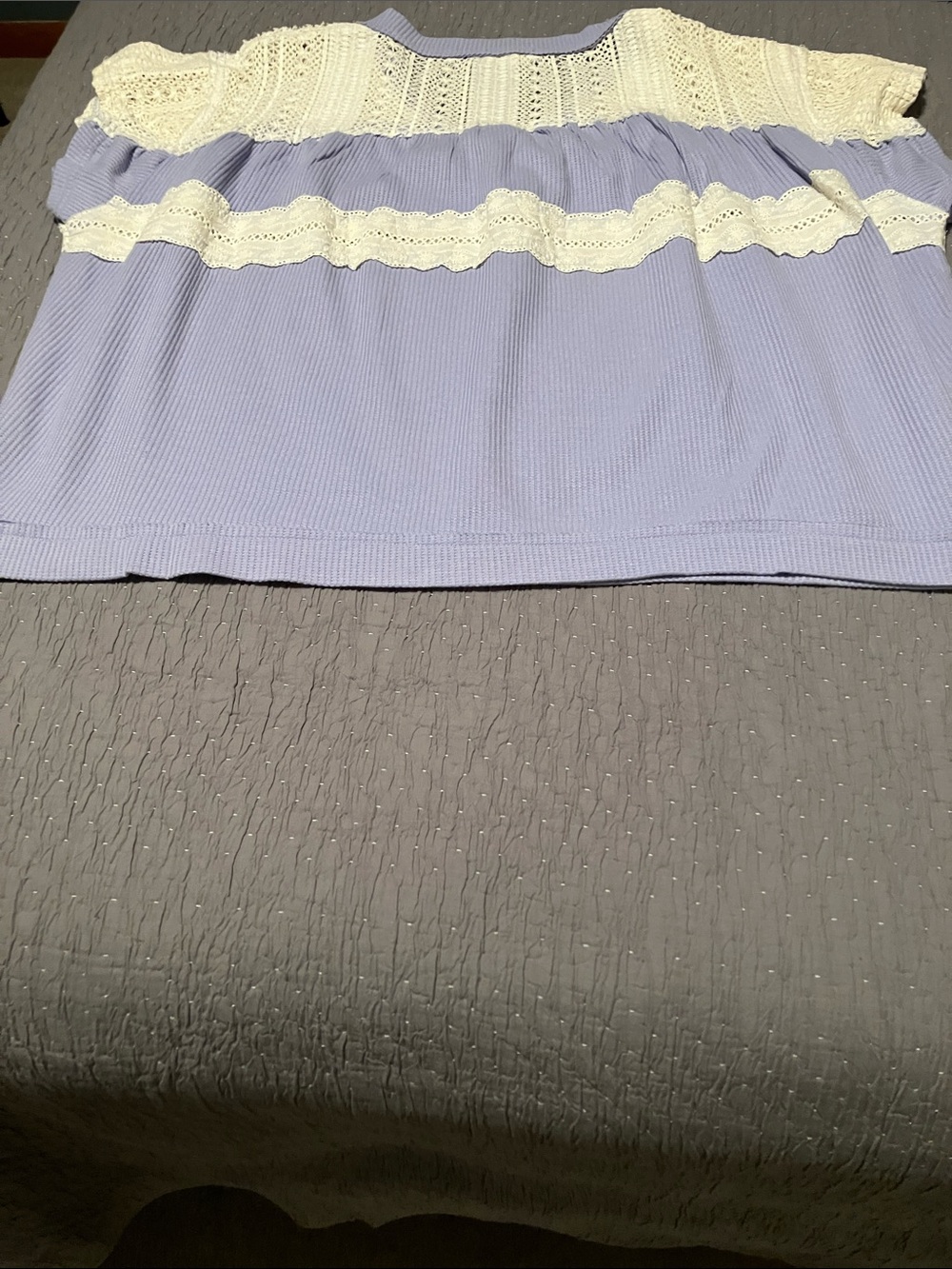 POL Lavender and Cream Crochet & Ribbed Top. Size L. Cap Sleeves. OVERSIZED. - Picture 5 of 11